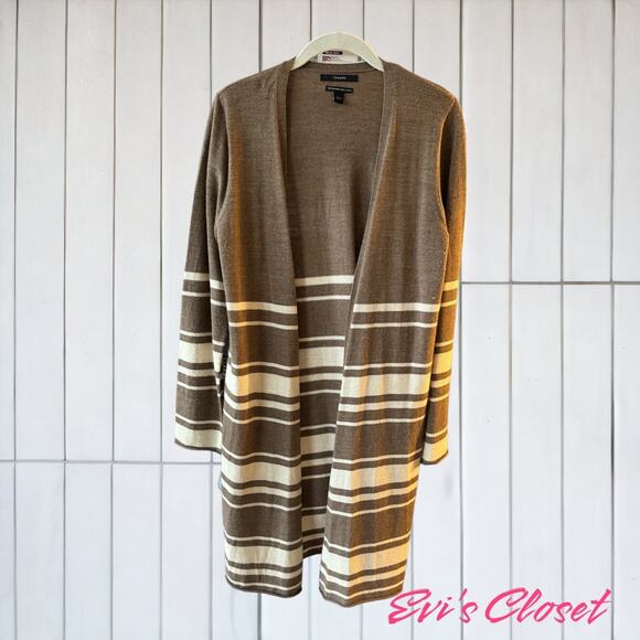 Tahari Long Cardigan 100% Extra Fine Merino Wool Size L Brown & Cream - Picture 1 of 7